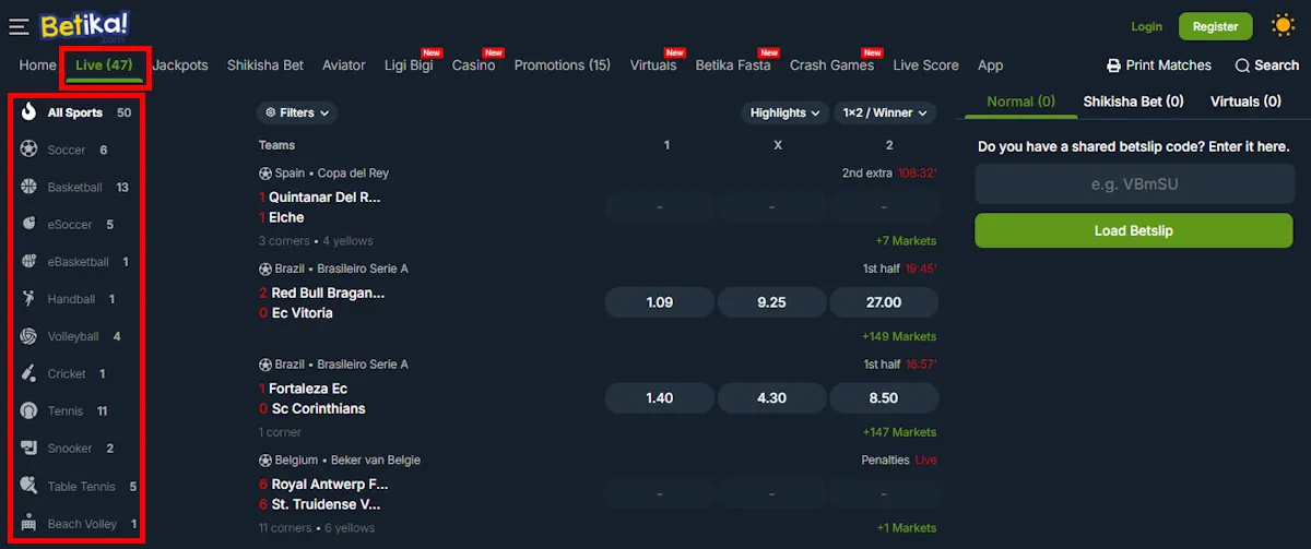 Betika Kenya Live betting Screenshot